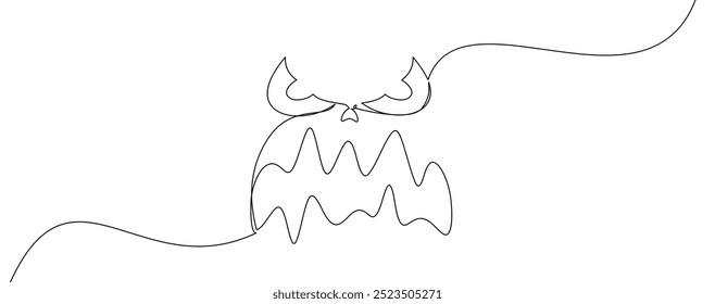 Minimalist spooky face illustration in line art style featuring horns and a jagged mouth. Ideal for Halloween or abstract design projects with a creepy, modern twist.