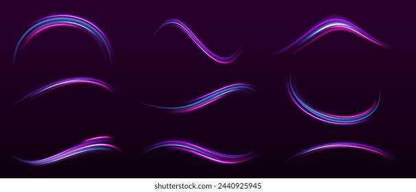 Minimalist sports background with a touch of dynamism. High speed effect motion blur night lights blue and red. Neon color glowing lines background, high-speed light trails effect.