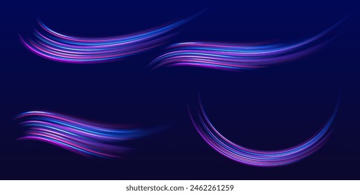 Minimalist sports background with a touch of dynamism. High speed effect motion blur night lights blue and red. Neon color glowing lines background, high-speed light trails effect.