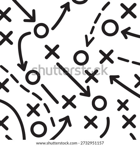 Minimalist sports playbook pattern background with black hand-drawn tactical arrows, Xs and Os symbols on white. Ideal for coaching, business strategy, or planning concept. EPS 10 vector.