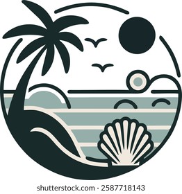 A minimalist Spring Break logo featuring a seashell, wave, and palm tree in a simple vector format.
