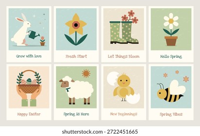 Cartões de cumprimentos de primavera e páscoa minimalistas definidos com animais bonitos, flores e frases sazonais. Rótulo Springtime