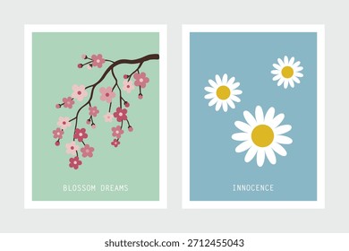 Minimalist Spring Floral Poster Cherry Blossom and Daisy Wall Art Collection
