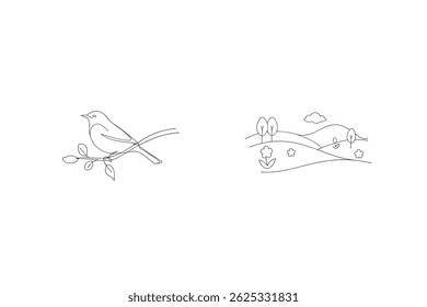Minimalist Spring Scenes Bird On Branch And Flowery Landscape Outlines