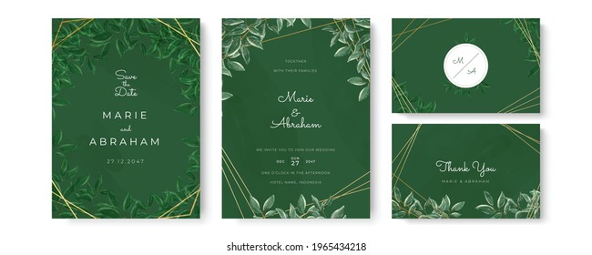 Minimalist spring wedding card set. Elegant minimalistic floral wedding invitation template. Green and golden invitation card save the date design with pink flowers roses and green leaves wreath