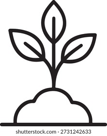 Ícone minimalista da linha de rebentos com três folhas que crescem do solo