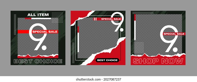 Minimalistische quadratische Bannervorlage. Bearbeitbarer geometrischer Hintergrund mit Striplinien, Form und Bildplatzierung. Vektorgrafik für Print, Poster, Social Media Post und Internet.