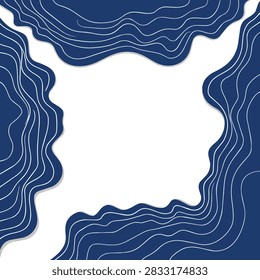 A minimalist square frame featuring deep blue organic borders with delicate white wavy line patterns surrounding a central white copy space.