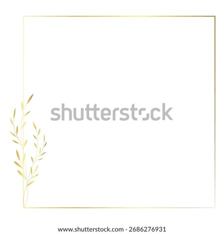 A minimalist square frame with a gold border, adorned with a single sprig of delicate leaves on one side.