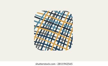 Minimalist square icon featuring a stylish abstract cross-hatch pattern with blue, yellow, and grey lines.