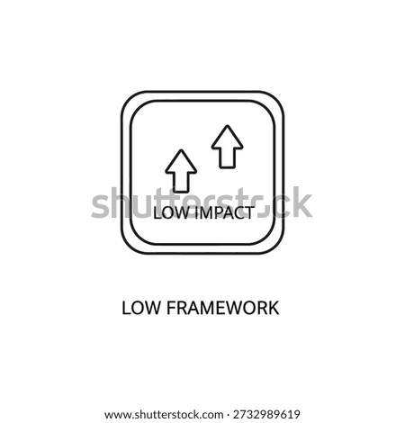 Minimalist square icon with upward arrows and text reading 'low impact' and 'low framework' in clean modern typography