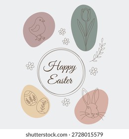 Minimalist square invitation for Easter holiday featuring a rabbit, baby chick, and spring flowers in a clean line art style with soft pastel color palette.