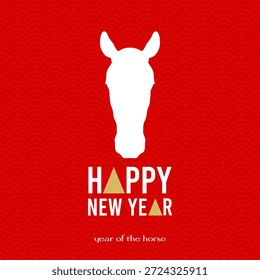 Minimalist square vector featuring a bold white horse head silhouette on a vibrant red wave pattern background for Chinese New Year.