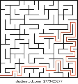 Minimalist square vector maze puzzle with red line showing correct path from start to the exit