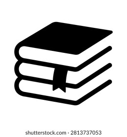 Minimalist stack of books icon featuring three books and a bookmark in a bold black vector style isolated on a white background. Ideal for education, libraries, reading, literature, studying, publishing, schools, universities, and academic projects.