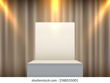 minimalist stage featuring a white square podium against a gold curtain backdrop, lit by warm spotlights, perfect for award ceremonies, product displays, or modern showroom concepts