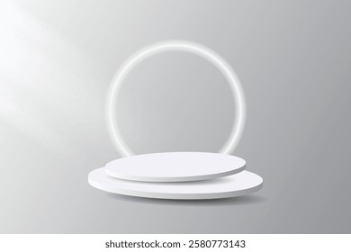 Minimalist stage mockup with glowing circle background. Modern 3D design in gray, suitable for product presentations or graphic design.