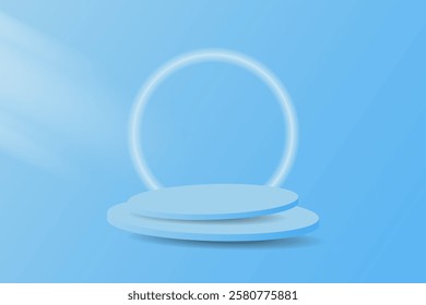 Minimalist stage mockup with glowing circle background. Modern 3D design in blue, suitable for product presentations or graphic designs.