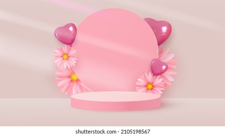 Minimalist stage with pink cylindrical podium, round frame, heart-shaped balloons and pink flowers. Stage for product demonstration, showcase. Vector illustration