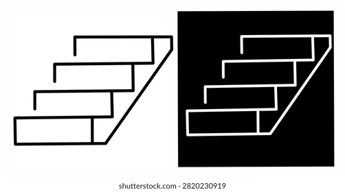 Minimalist staircase icon with ascending steps in black and white line art, ideal for architecture, construction, navigation, interior design, and building projects.