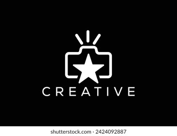 Plantilla vectorial de diseño de logotipo de cámara estrella minimalista. Logo de fotos de estrellas de aventura creativa