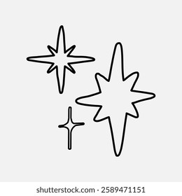 Minimalist star icon design with three outlined stars of varying sizes. Simple star shapes, perfect for graphic design, decoration, or branding projects. Star element vector.