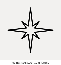 Minimalist star icon with sharp, symmetrical points. Star design in black on a light background. Simple star symbol, perfect for logos or decorations. Design element vector.