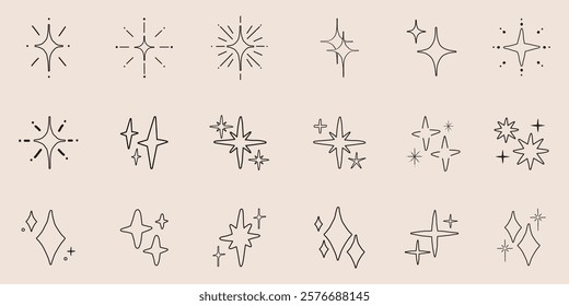 Minimalist star icons set. Various star shapes, star designs, and patterns. Simple outlines for decoration. icons for creative projects. Element vector set.