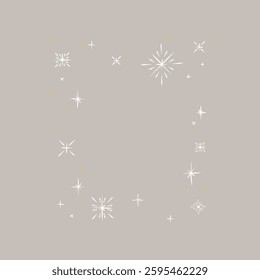 Minimalist star pattern on a beige background. Stars and sparkles create a whimsical frame. Beige and stars theme, perfect for elegant designs. Minimal illustration vector.