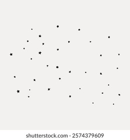 Minimalist star pattern with scattered black stars on a white background. Simple star design, starry theme, and starry night vibe. Perfect for star lovers. Vintage illustration isolated, vector.