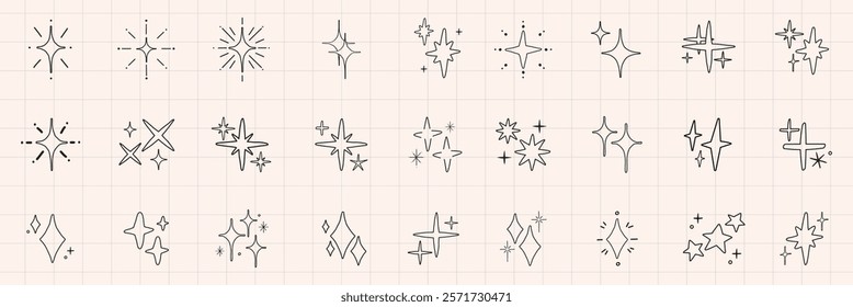 Minimalist star and sparkle icons in various styles. Simple star designs, sparkle patterns, and twinkling star motifs. Perfect for design projects and decoration. Element vector set.