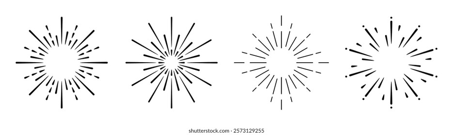 Minimalist starburst design with four symmetrical starburst patterns. Starburst lines radiate outward. Simple, elegant starburst motif for decoration. Festive elements, vector set.