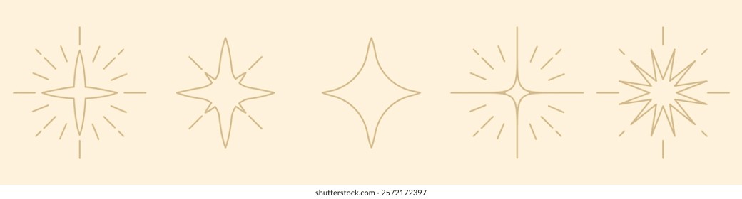 Minimalist starburst line art in gold. Starburst designs, gold accents, and minimalist style. Perfect for elegant, minimalist decor and design projects. Doodle element vector set.