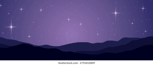 Minimalist Starry Night Sky over Layered Purple Mountains Silhouette – Vector Night Landscape