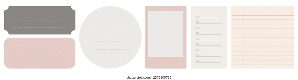 Minimalist stationery set with labels, notepads, and lists. Neutral colors, elegant design. Perfect for organizing, planning, and writing. Stationery essentials. Memo element vector set.