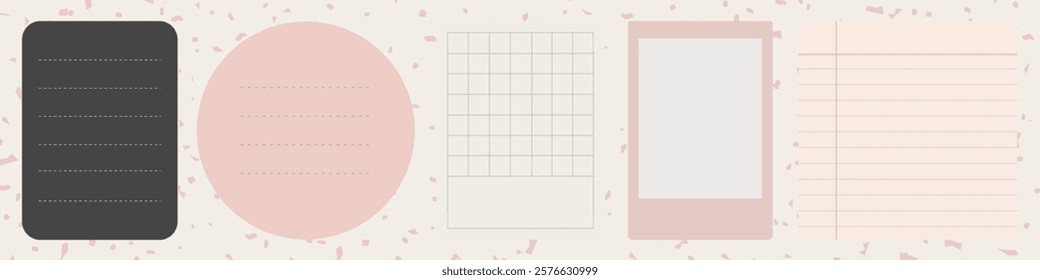 Minimalist stationery set with various shapes: black lined, pink circle, grid, polaroid frame, lined paper. Stationery for notes, planning, creativity. Frame element vector set.