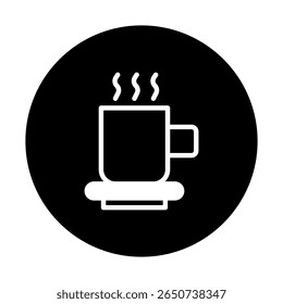 Minimalist steaming mug icon design in a black circle representing beverage enjoyment and relaxation with simple artwork