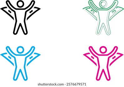 Minimalist stick figure icons, energetic poses, arms raised, simple geometric shapes, vibrant colors, black green blue pink, clean lines, abstract human forms, joyful expressions, vector-style graphic