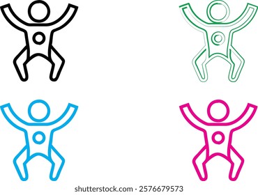 Minimalist stick figure icons, energetic poses, arms raised, simple geometric shapes, vibrant colors, black green blue pink, clean lines, abstract human forms, joyful expressions, vector-style graphic