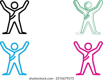 Minimalist stick figure icons, energetic poses, arms raised, simple geometric shapes, vibrant colors, black green blue pink, clean lines, abstract human forms, joyful expressions, vector-style graphic