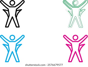 Minimalist stick figure icons, energetic poses, arms raised, simple geometric shapes, vibrant colors, black green blue pink, clean lines, abstract human forms, joyful expressions, vector-style graphic