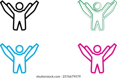 Minimalist stick figure icons, energetic poses, arms raised, simple geometric shapes, vibrant colors, black green blue pink, clean lines, abstract human forms, joyful expressions, vector-style graphic