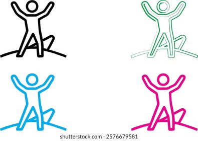 Minimalist stick figure icons, energetic poses, arms raised, simple geometric shapes, vibrant colors, black green blue pink, clean lines, abstract human forms, joyful expressions, vector-style graphic