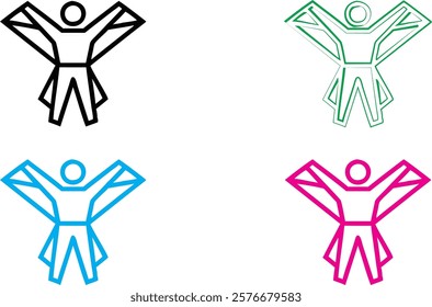 Minimalist stick figure icons, energetic poses, arms raised, simple geometric shapes, vibrant colors, black green blue pink, clean lines, abstract human forms, joyful expressions, vector-style graphic