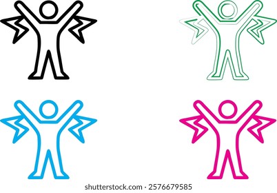 Minimalist stick figure icons, energetic poses, arms raised, simple geometric shapes, vibrant colors, black green blue pink, clean lines, abstract human forms, joyful expressions, vector-style graphic