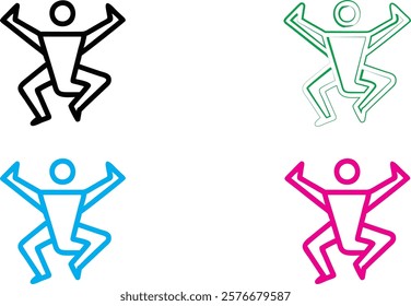 Minimalist stick figure icons, energetic poses, arms raised, simple geometric shapes, vibrant colors, black green blue pink, clean lines, abstract human forms, joyful expressions, vector-style graphic