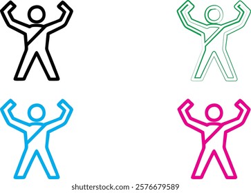 Minimalist stick figure icons, energetic poses, arms raised, simple geometric shapes, vibrant colors, black green blue pink, clean lines, abstract human forms, joyful expressions, vector-style graphic