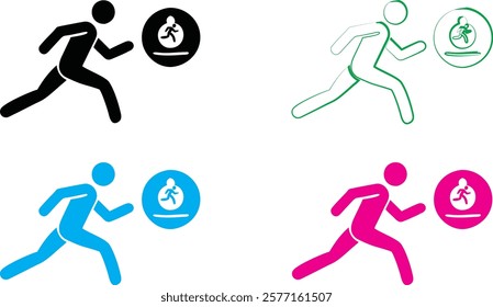 Minimalist stick figure runners, multiple color variations, simple geometric shapes, dynamic motion, running silhouettes, flat design, colorful icons, sports pictograms, abstract athletic symbols, cle