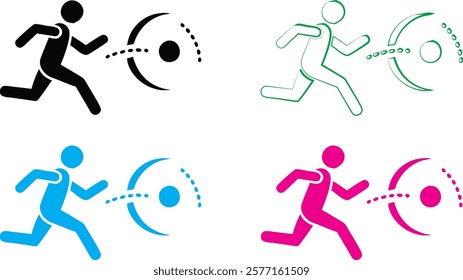 Minimalist stick figure runners, multiple color variations, simple geometric shapes, dynamic motion, running silhouettes, flat design, colorful icons, sports pictograms, abstract athletic symbols, cle