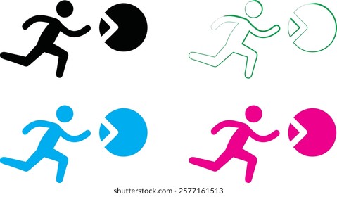 Minimalist stick figure runners, multiple color variations, simple geometric shapes, dynamic motion, running silhouettes, flat design, colorful icons, sports pictograms, abstract athletic symbols, cle